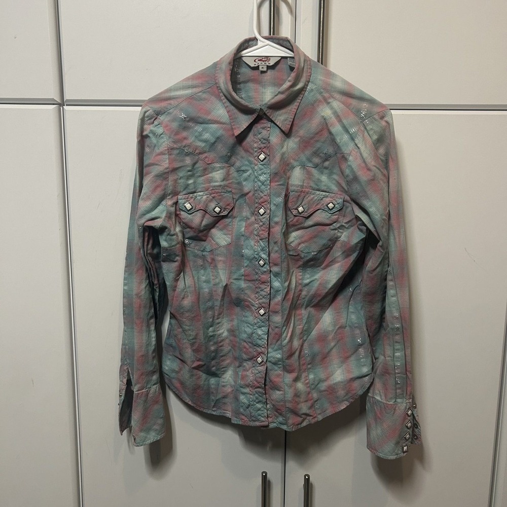 Roper Womens Pink Teal Plaid Metallic Western Snap Button Shirt Embroidered M